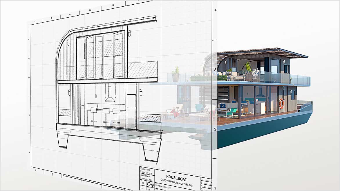 Raster image of houseboat in front of full houseboat rendering