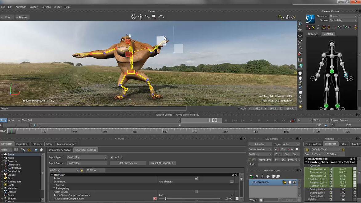 Cartoon monster showing rigging in Autodesk MotionBuilder software