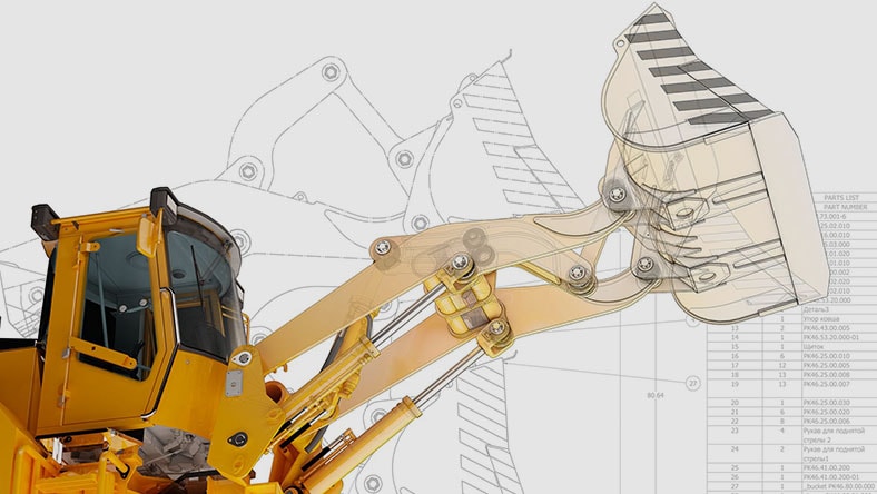 Rendering of a front loader with an engineering drawing underlay. 