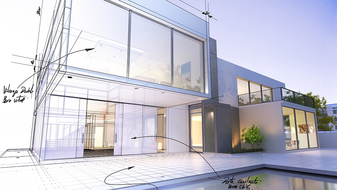 3D rendering of a residential home combined with technical draft notations.