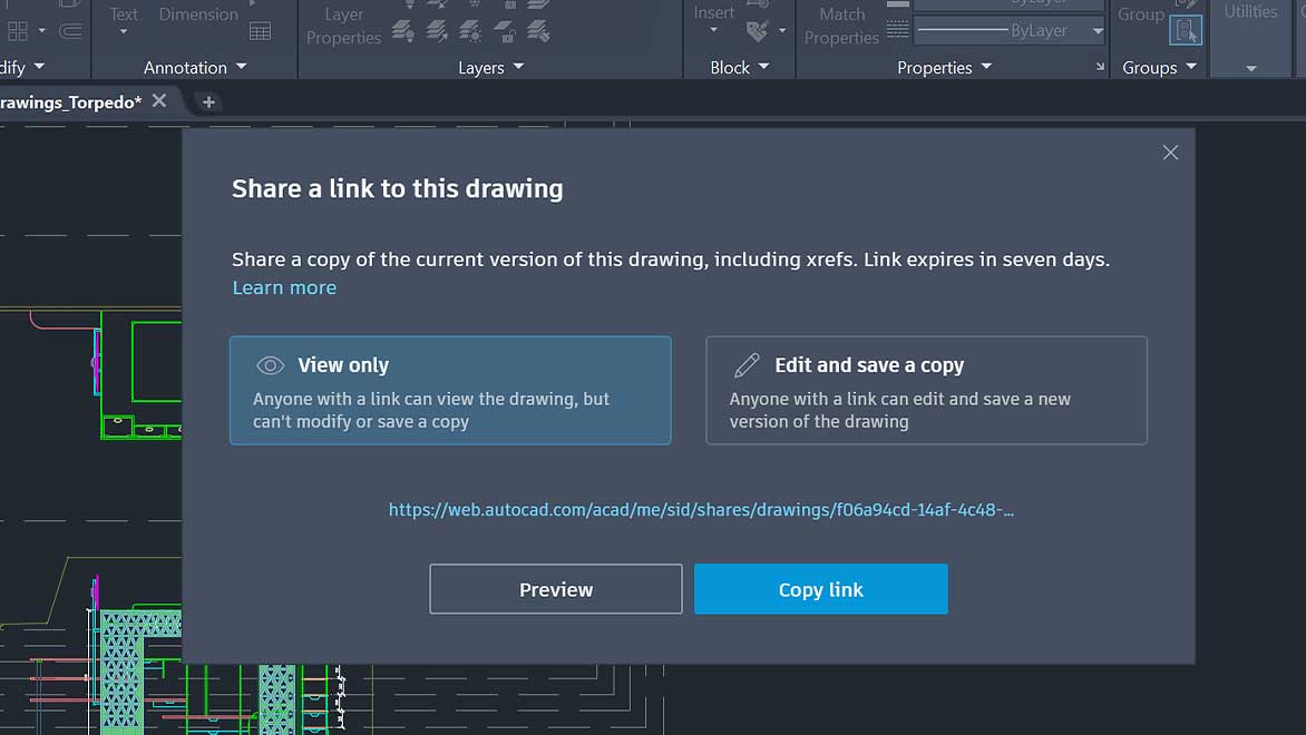 AutoCAD screenshot displaying collaboration tools