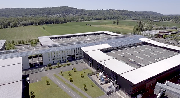 Overhead view of the exterior of a large aerospace factory